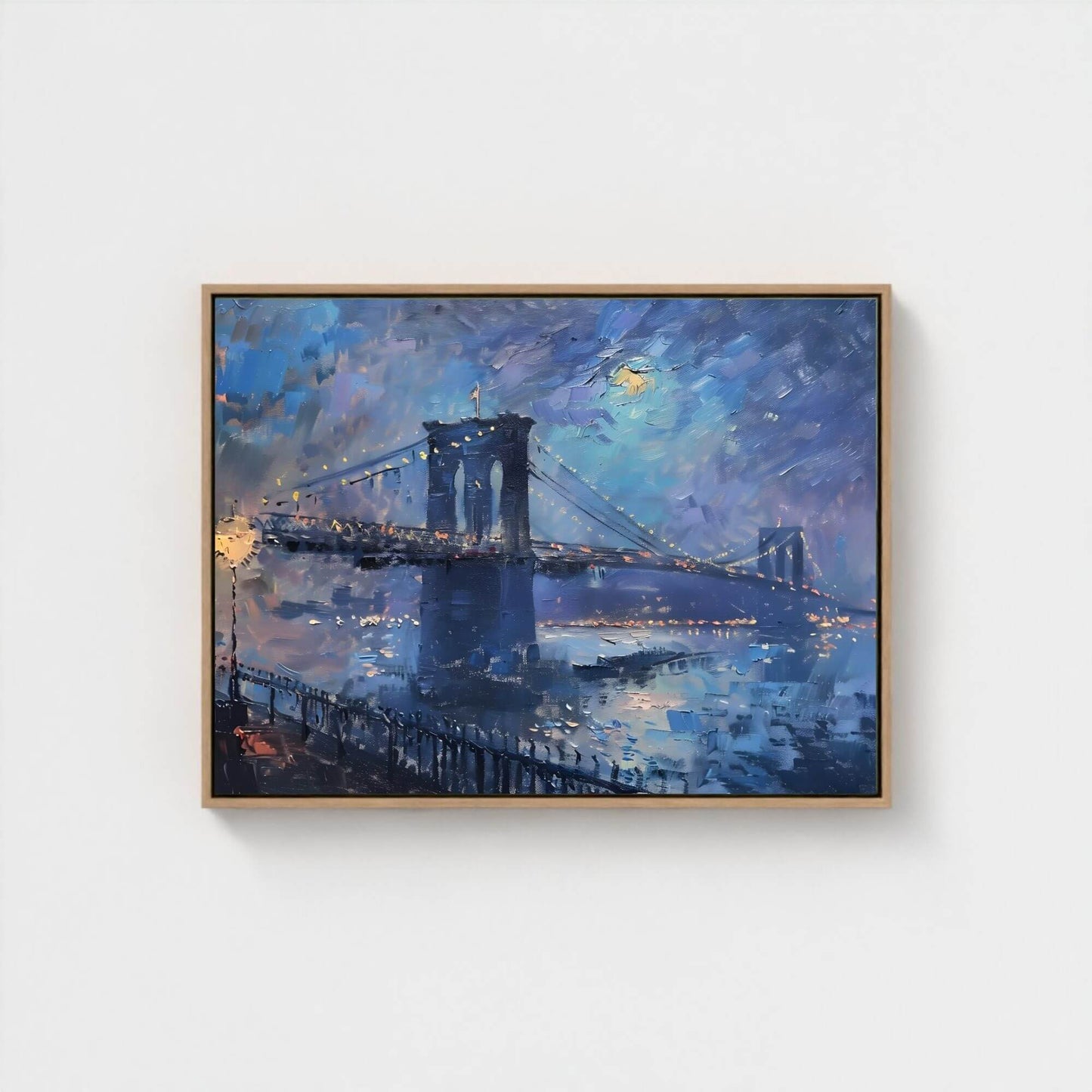 Brooklyn Bridge Night Cityscape Impressionist Style Framed Wall Art Canvas Print- Night New York Wall Art