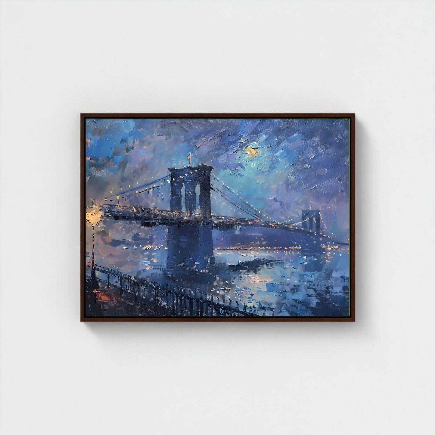 Brooklyn Bridge Night Cityscape Impressionist Style Framed Wall Art Canvas Print- Night New York Wall Art