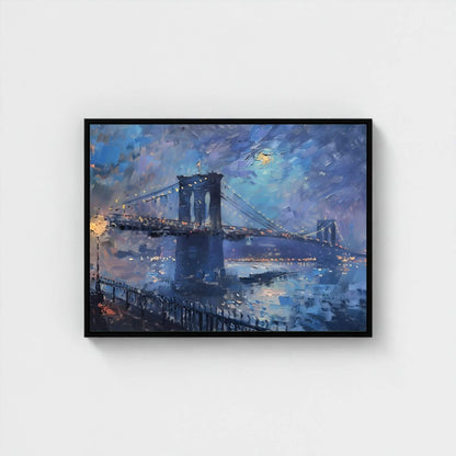 Brooklyn Bridge Night Cityscape Impressionist Style Framed Wall Art Canvas Print- Night New York Wall Art