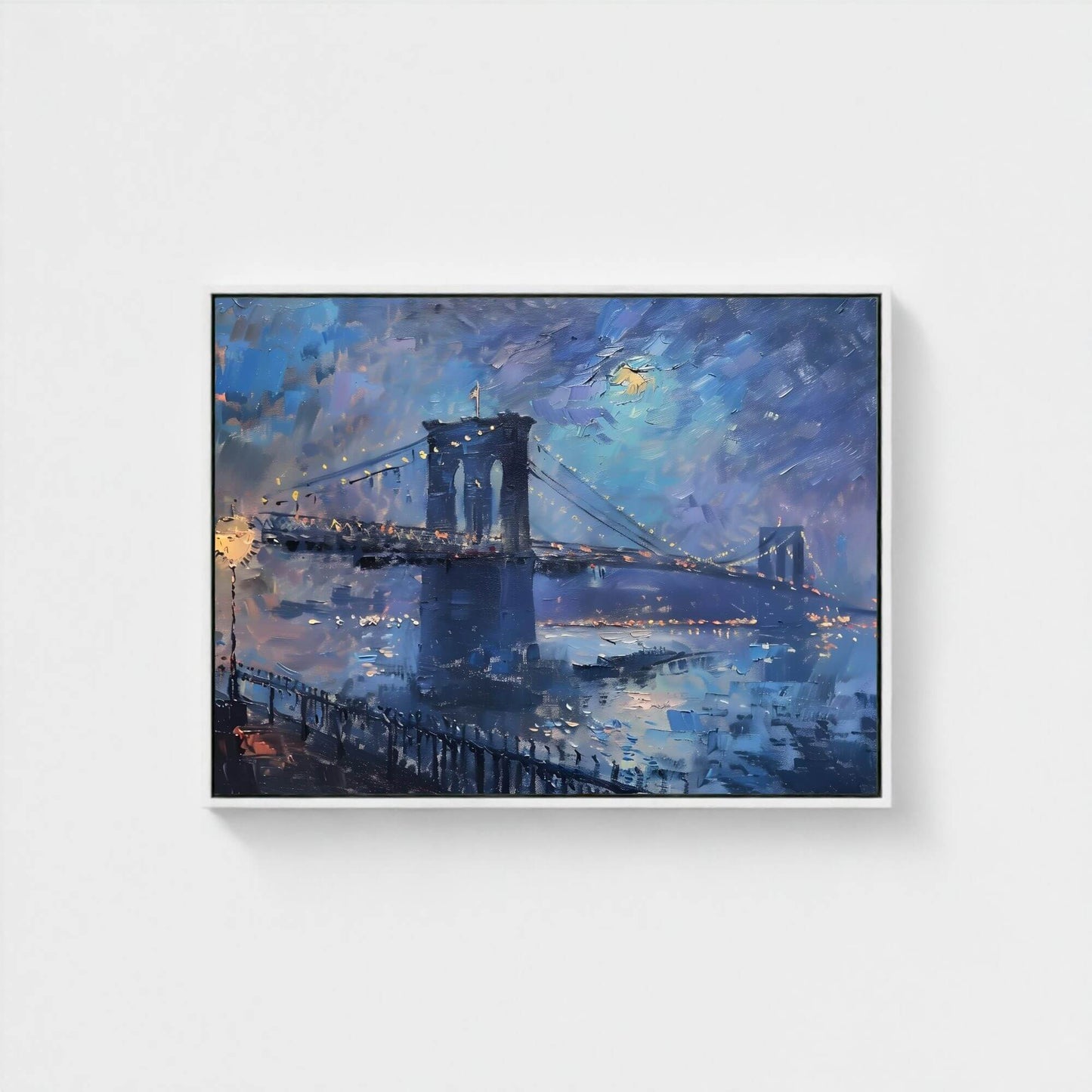 Brooklyn Bridge Night Cityscape Impressionist Style Framed Wall Art Canvas Print- Night New York Wall Art