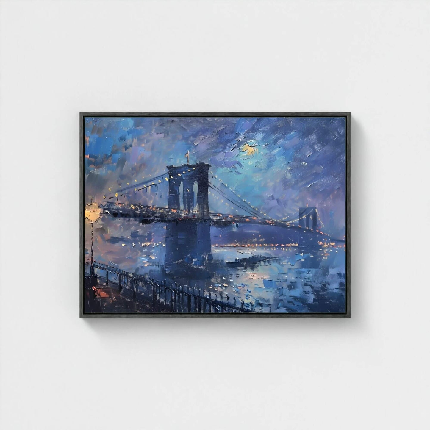 Brooklyn Bridge Night Cityscape Impressionist Style Framed Wall Art Canvas Print- Night New York Wall Art