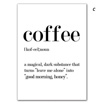 Poster with the word 'coffee' and a humorous definition on a white background
