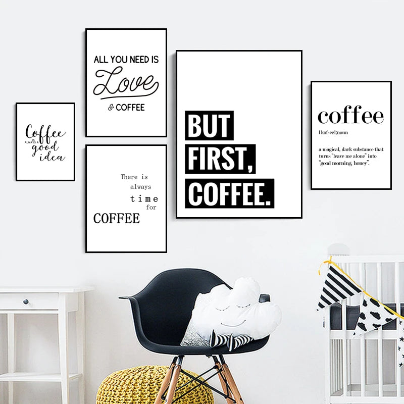 But First Coffee Quote Canvas Print Minimalist Black and White Kitchen Wall Art for Coffee Bar Breakfast Nook