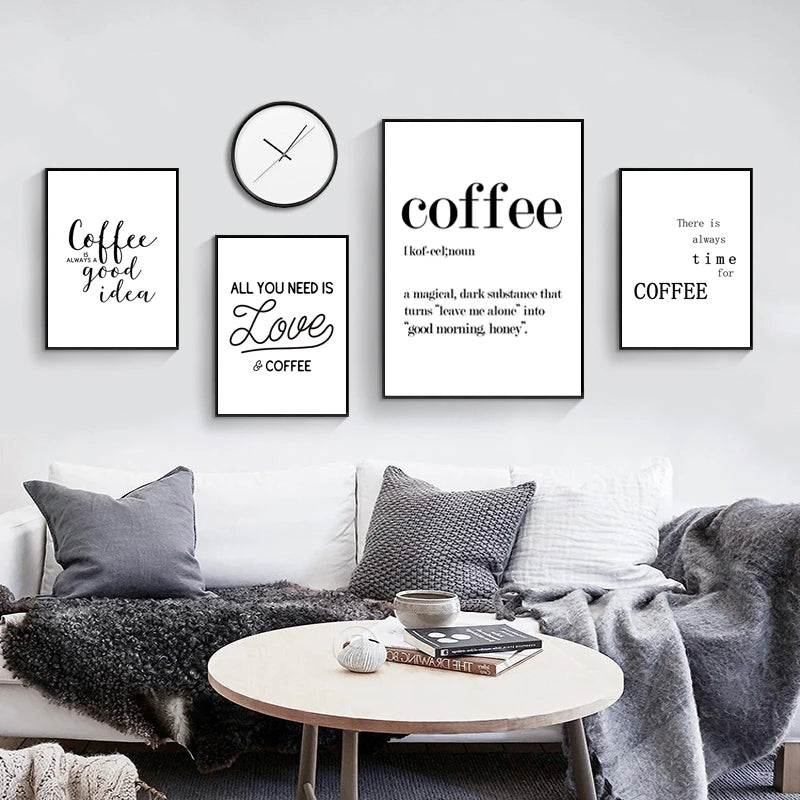 But First Coffee Quote Canvas Print Minimalist Black and White Kitchen Wall Art for Coffee Bar Breakfast Nook