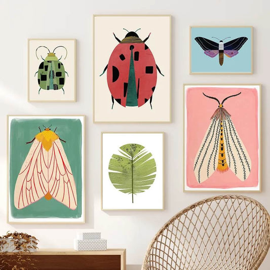 Butterfly Ladybird Tiger Moth Beetle Feather Canvas Prints Minimalist Nordic Wall Art Insects Posters Wall Pictures For Kids Room Nursery Home Décor