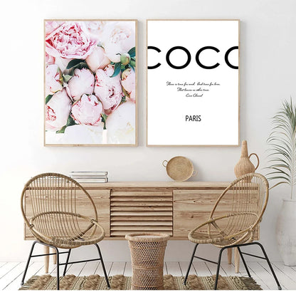 Coco Chanel Quotes Wall Art and Pink Blush Peonies Flower Canvas Prints Inspirational Motivational Wall Art for Modern Homes Chic Minimalist Wall Art Decor for Living Room Apartment