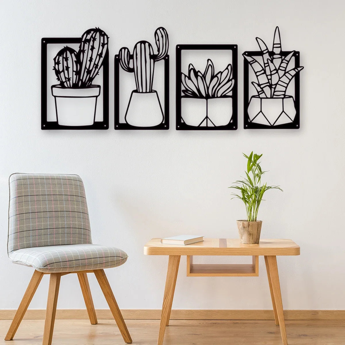 Cactus Potted Plant Black Metal Plaque Wall Art 3D Sculptured Iron Craft Minimalist Wall Decor For Living Room Dining Room Decor