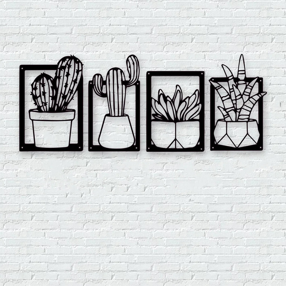 Cactus Potted Plant Black Metal Plaque Wall Art 3D Sculptured Iron Craft Minimalist Wall Decor For Living Room Dining Room Decor