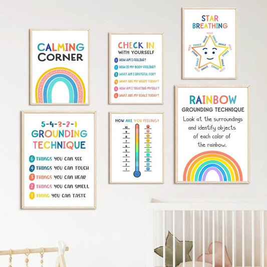 Calming Corner Rainbow Star Psychology Wall Art Canvas Prints Minimalist Motivational Posters Educational Quotes Pictures For Kids Room Décor