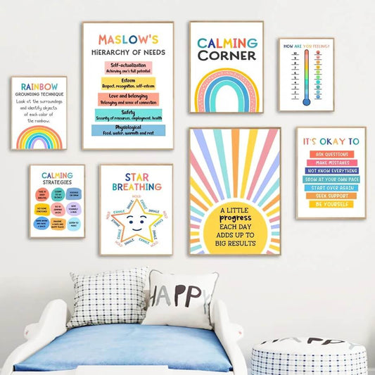 Calming Corner Rainbow Star Psychology Wall Art Canvas Prints Minimalist Motivational Posters Educational Quotes Pictures For Kids Room Décor