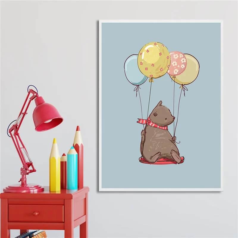 Cartoon Rabbit Bear Balloon Canvas Print Nordic Pastel Wall Art Cute Animals Poster For Kids Girl Bedroom Nursery Wall Décor