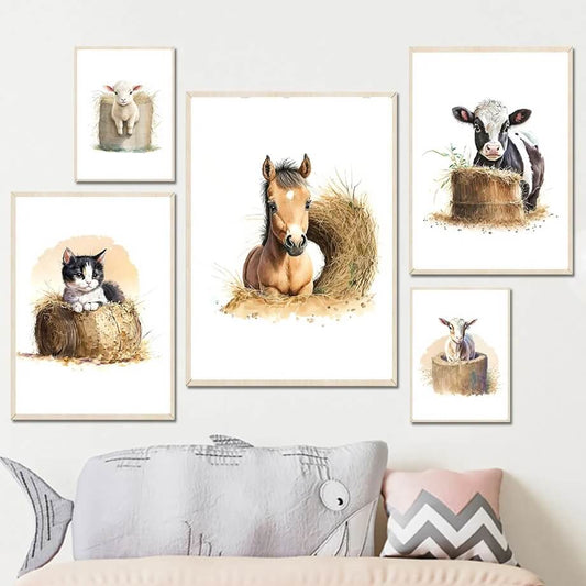 Cat Chick Sheep Dog Pig Cow Horse Farm Animals Wall Art Minimalist Canvas Print Rustic Poster For Nursery Cartoon Picture For Kids Room Décor