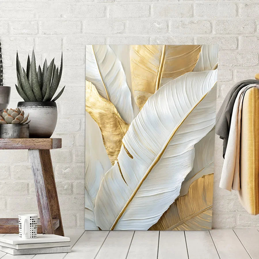 Chic Abstract White Golden Feathers Wall Art Canvas Prints For Living Room Bedroom Art For Contemporary Interiors