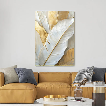Chic Abstract White Golden Feathers Wall Art Canvas Prints For Living Room Bedroom Art For Contemporary Interiors