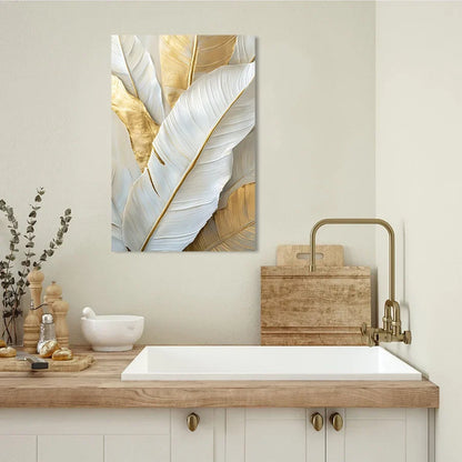 Chic Abstract White Golden Feathers Wall Art Canvas Prints For Living Room Bedroom Art For Contemporary Interiors