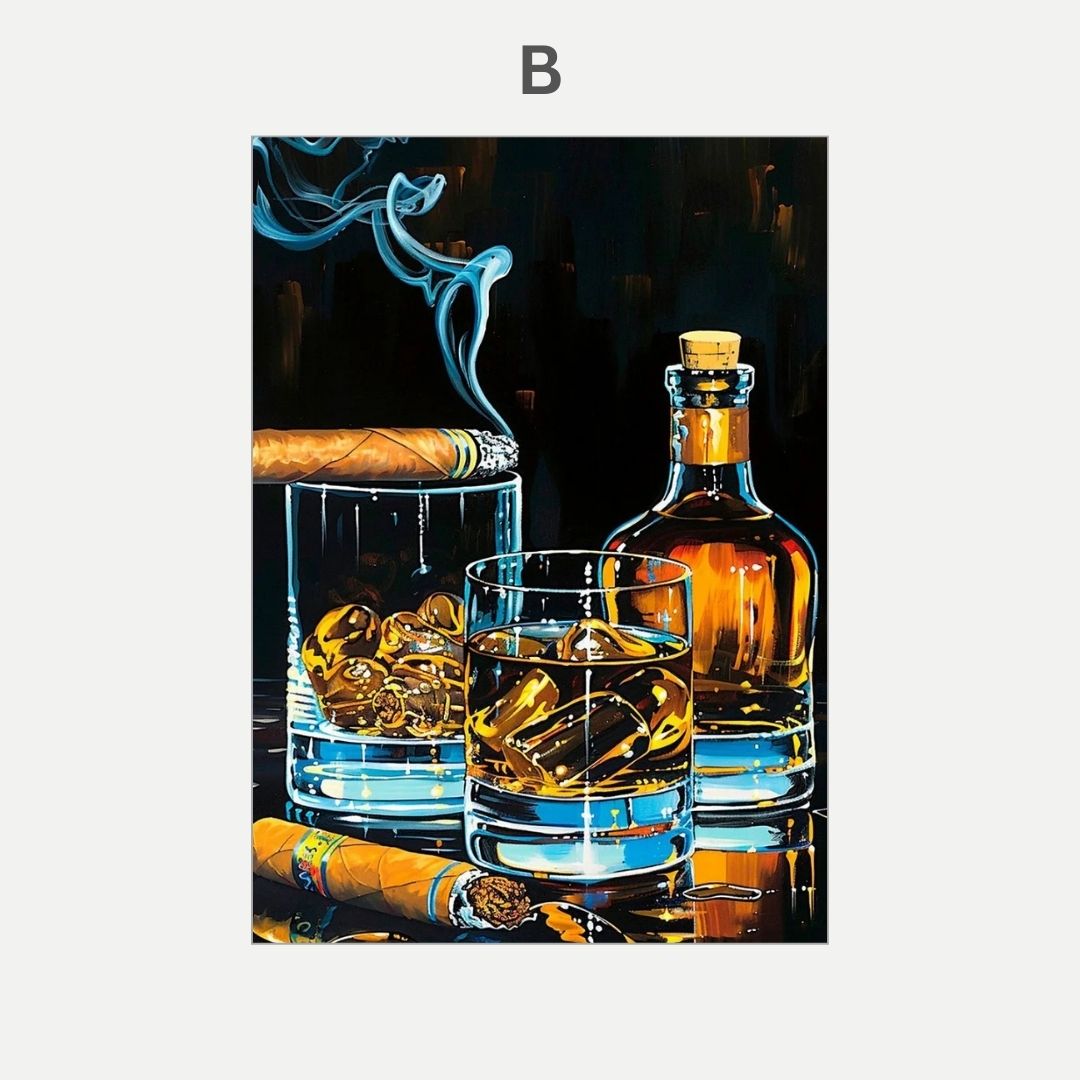 Whiskey bottle, glasses with ice, and cigars on a dark background