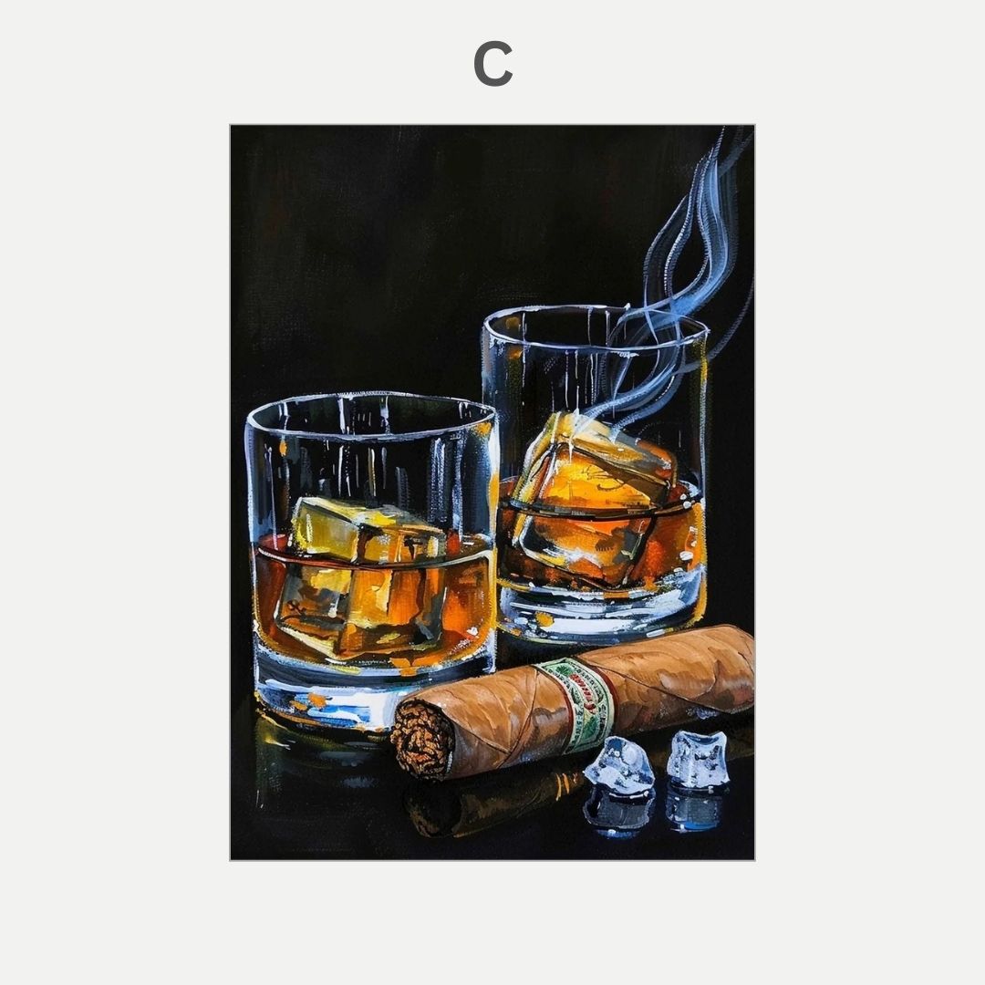 Two glasses of whiskey with ice cubes and a smoking cigar on a dark background