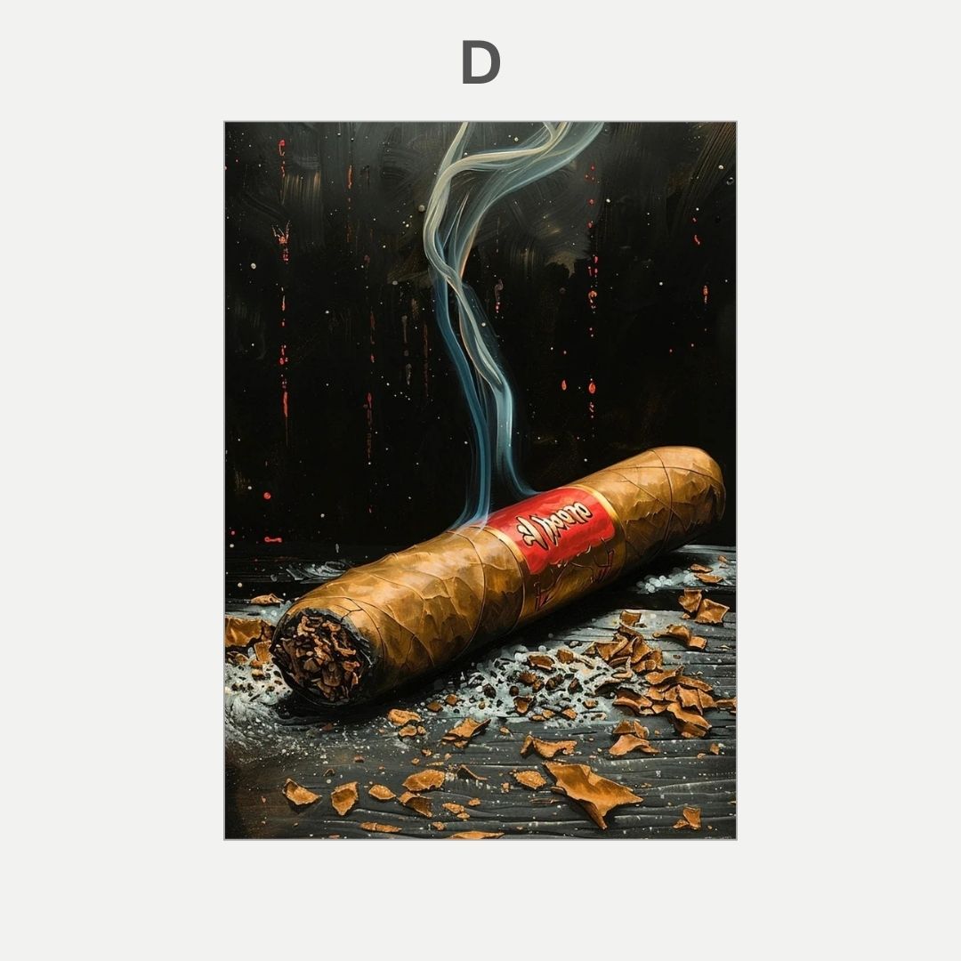 Cigar with a red label on a dark surface with scattered tobacco leaves and smoke.