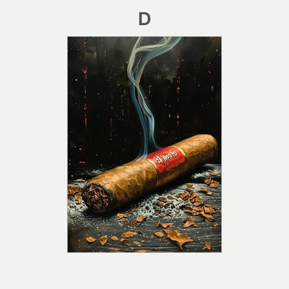 Cigar with a red label on a dark surface with scattered tobacco leaves and smoke.