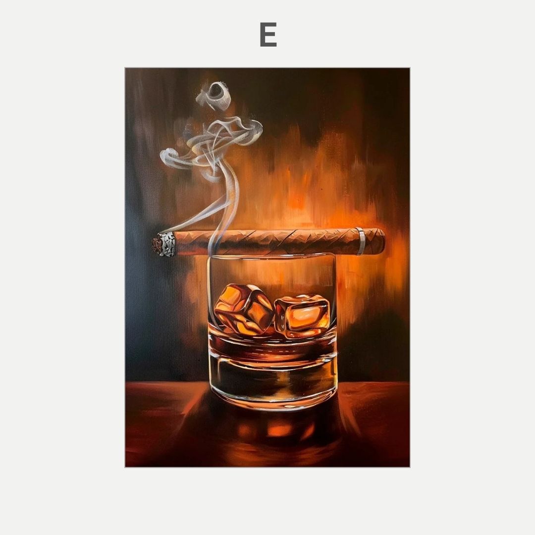 Glass of whiskey with ice cubes and a smoking cigar on a dark background