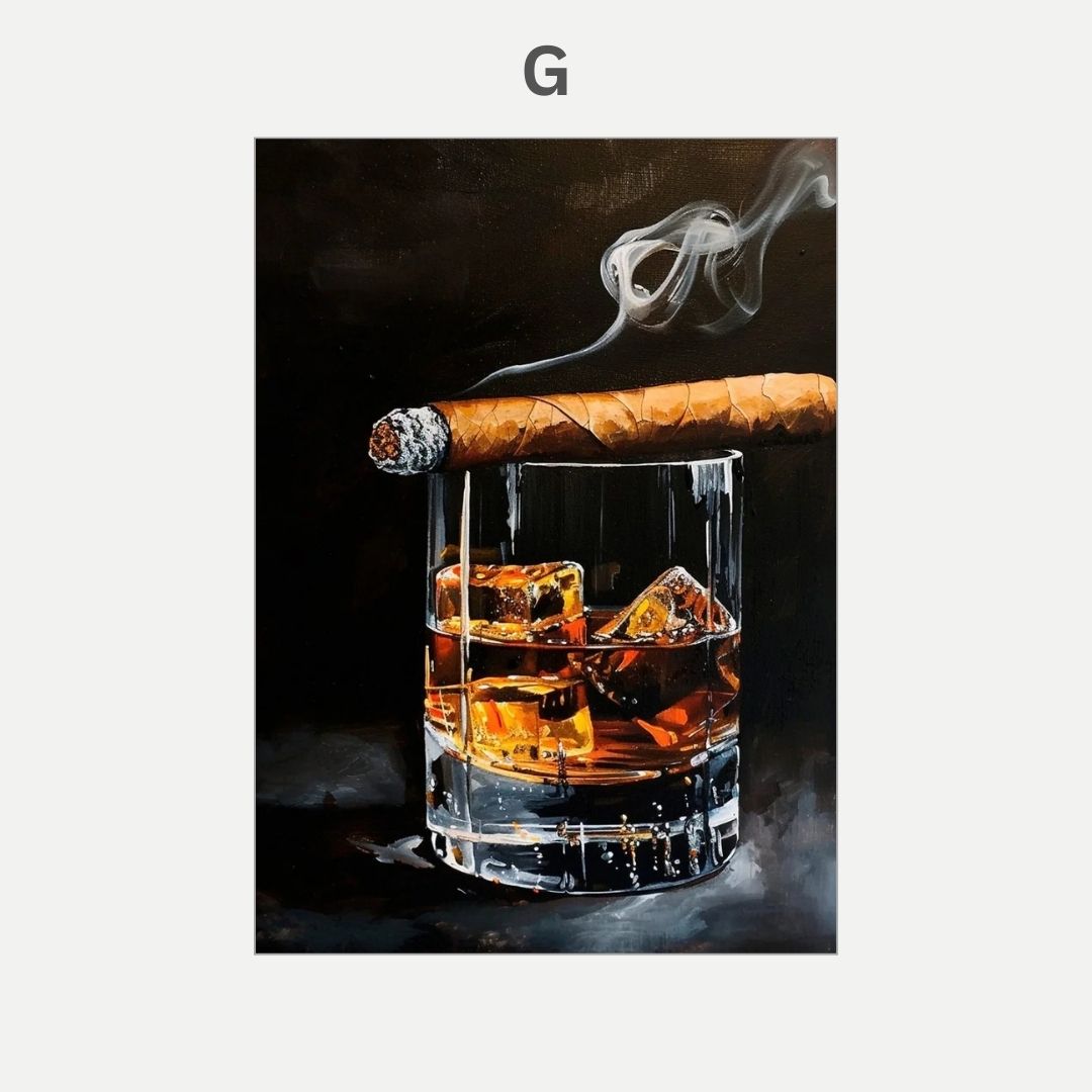 Glass of whiskey with ice and a smoking cigar on a dark background