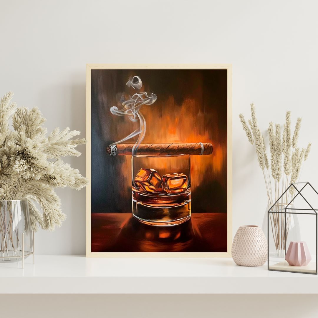 Artwork of a glass of whiskey with a cigar and ice cubes, set against a neutral background.