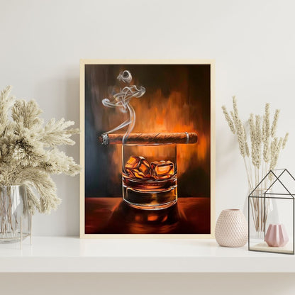 Artwork of a glass of whiskey with a cigar and ice cubes, set against a neutral background.