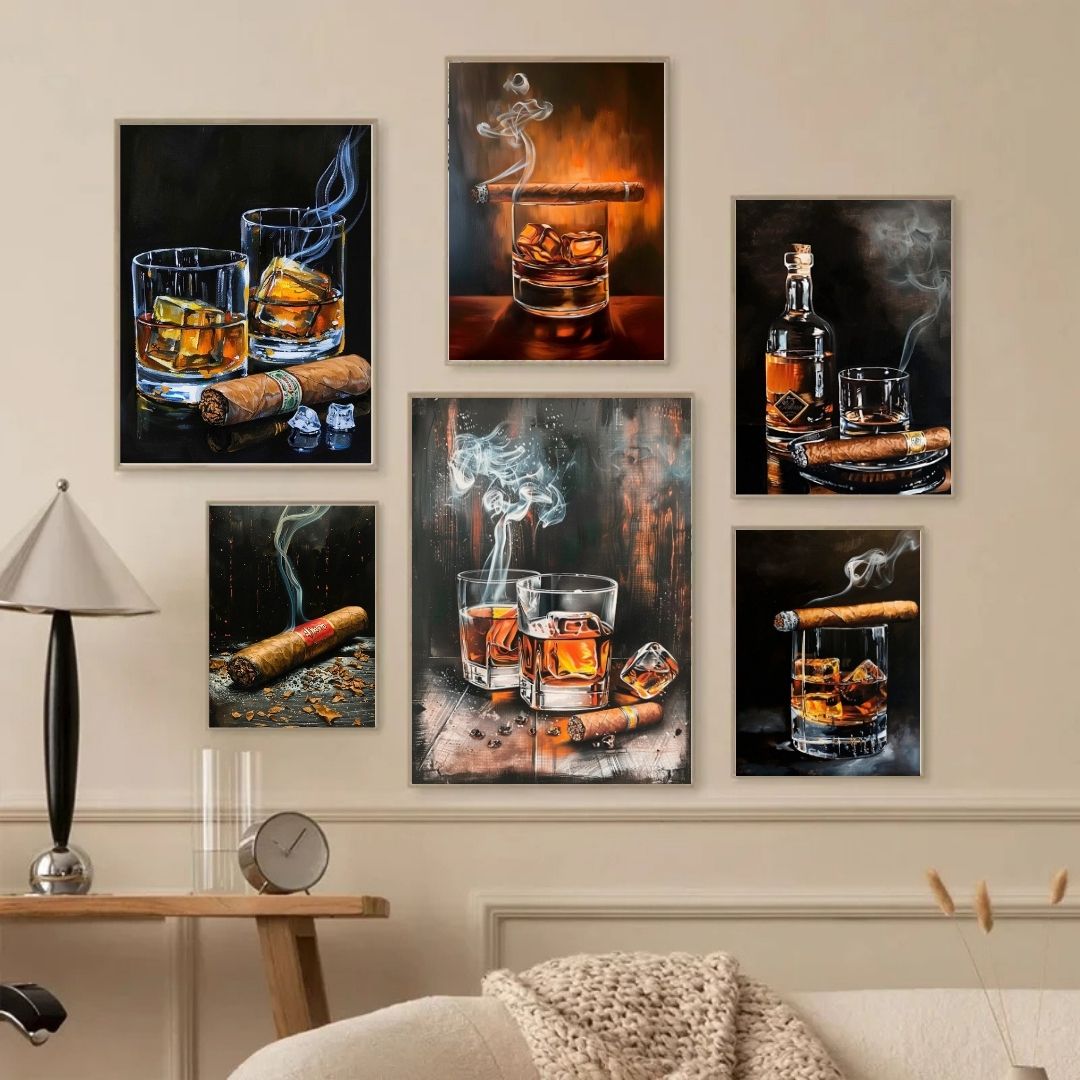 Cigar Irish Whiskey Scotch Alcohol Wall Art Canvas Prints For Restaurants and Cafés Modern Bar Wall Art Canvas