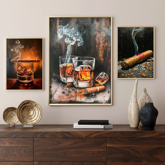 Cigar Irish Whiskey Scotch Alcohol Wall Art Canvas Prints For Restaurants and Cafés Modern Bar Wall Art Canvas