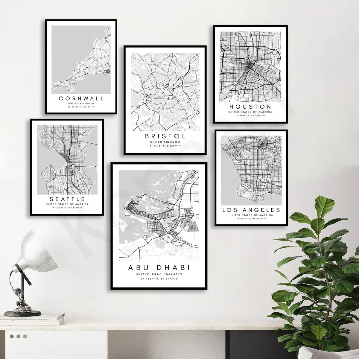 City Map Posters Wall Art - Beijing, Cape Town, Sydney, Los Angeles, Milan, Houston, Seattle, Abu Dhabi, Cornwall, Bristol, Gosport, Pudsey Wall Map Black White Canvas Prints Minimalist Posters For Office