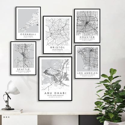 City Map Posters Wall Art - Beijing, Cape Town, Sydney, Los Angeles, Milan, Houston, Seattle, Abu Dhabi, Cornwall, Bristol, Gosport, Pudsey Wall Map Black White Canvas Prints Minimalist Posters For Office