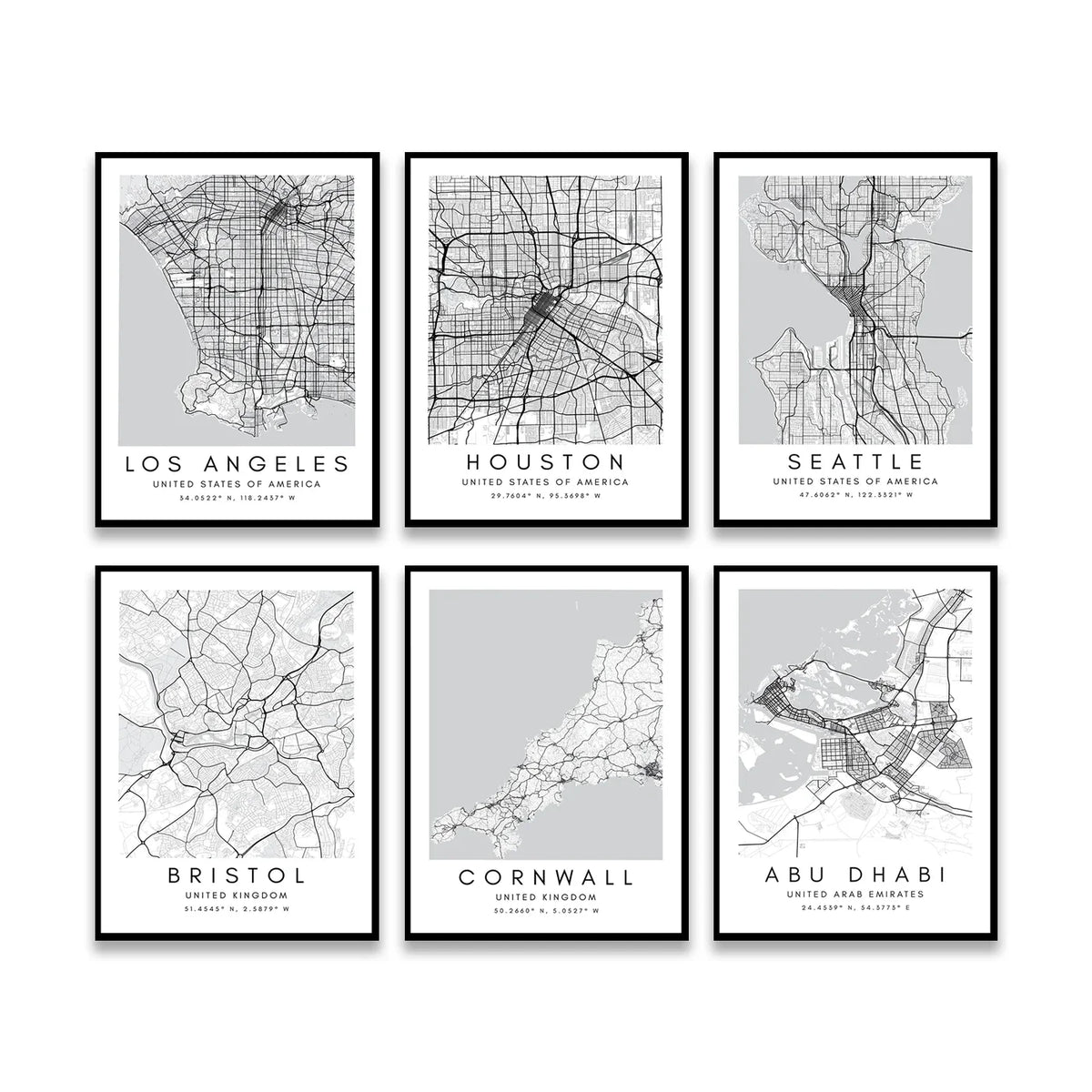 City Map Posters Wall Art - Beijing, Cape Town, Sydney, Los Angeles, Milan, Houston, Seattle, Abu Dhabi, Cornwall, Bristol, Gosport, Pudsey Wall Map Black White Canvas Prints Minimalist Posters For Office