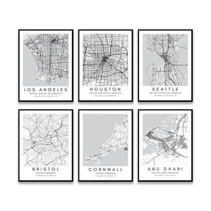 City Map Posters Wall Art - Beijing, Cape Town, Sydney, Los Angeles, Milan, Houston, Seattle, Abu Dhabi, Cornwall, Bristol, Gosport, Pudsey Wall Map Black White Canvas Prints Minimalist Posters For Office