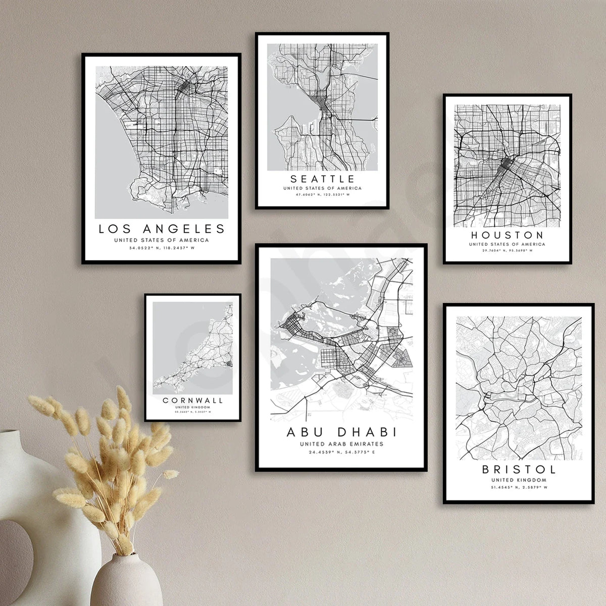 City Map Posters Wall Art - Beijing, Cape Town, Sydney, Los Angeles, Milan, Houston, Seattle, Abu Dhabi, Cornwall, Bristol, Gosport, Pudsey Wall Map Black White Canvas Prints Minimalist Posters For Office