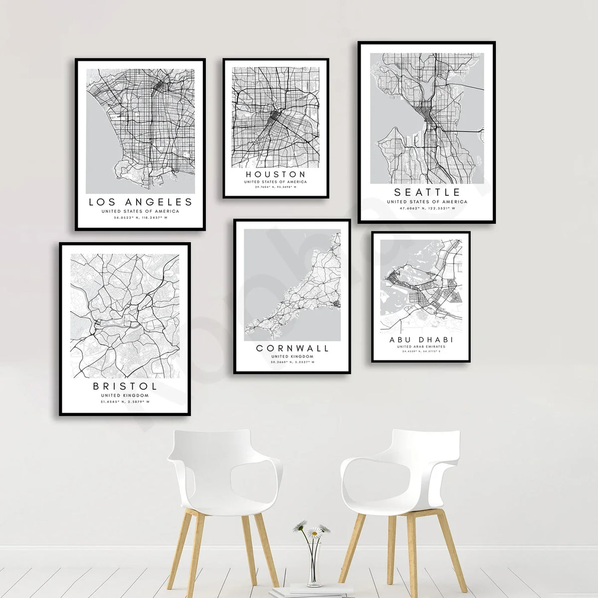 City Map Posters Wall Art - Beijing, Cape Town, Sydney, Los Angeles, Milan, Houston, Seattle, Abu Dhabi, Cornwall, Bristol, Gosport, Pudsey Wall Map Black White Canvas Prints Minimalist Posters For Office