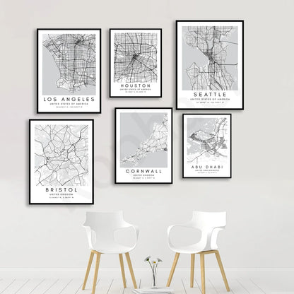 City Map Posters Wall Art - Beijing, Cape Town, Sydney, Los Angeles, Milan, Houston, Seattle, Abu Dhabi, Cornwall, Bristol, Gosport, Pudsey Wall Map Black White Canvas Prints Minimalist Posters For Office
