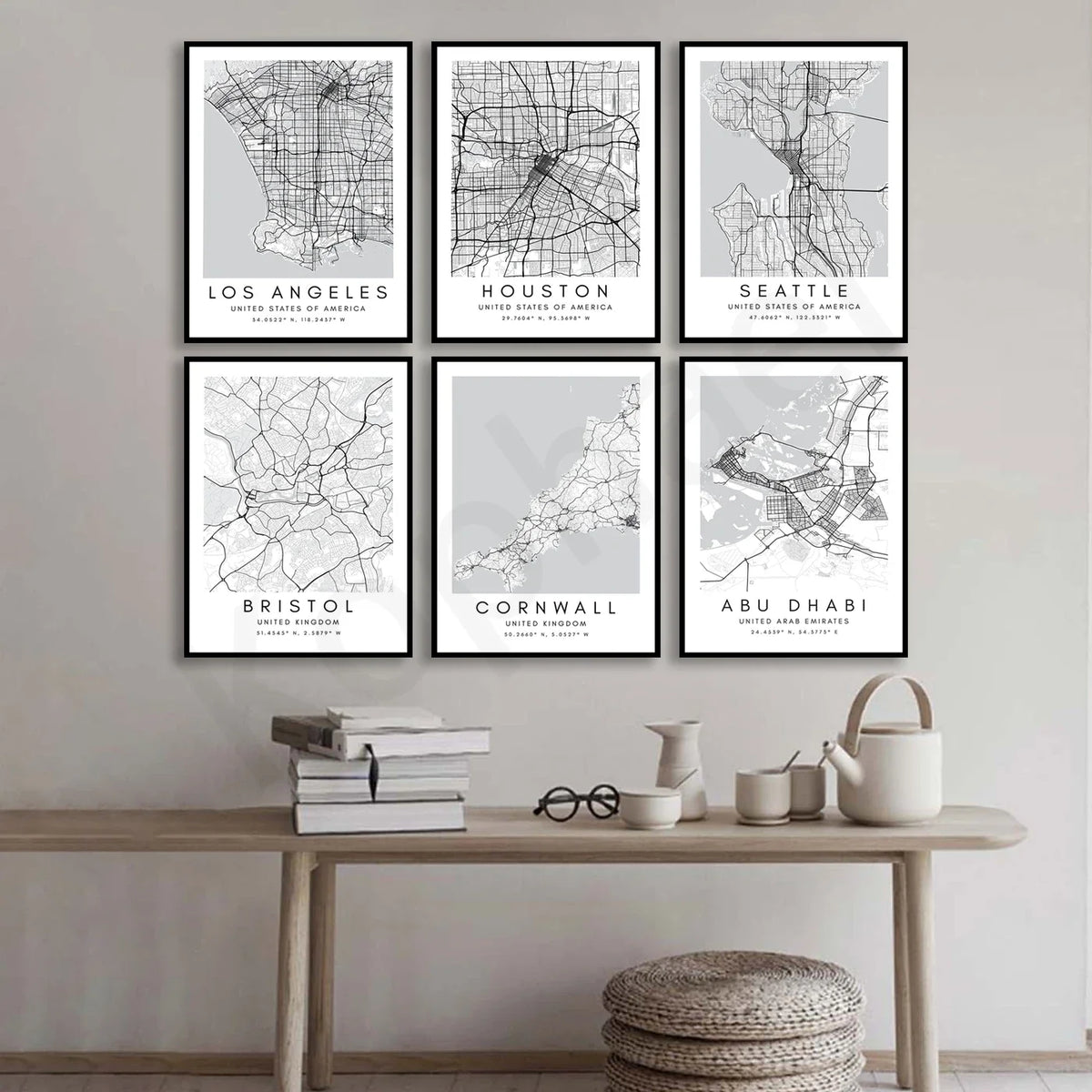 City Map Posters Wall Art - Beijing, Cape Town, Sydney, Los Angeles, Milan, Houston, Seattle, Abu Dhabi, Cornwall, Bristol, Gosport, Pudsey Wall Map Black White Canvas Prints Minimalist Posters For Office