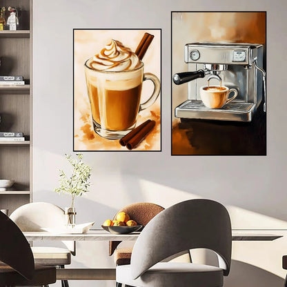 Coffee Gallery Wall Art Retro Cappuccino Coffee Beans Espresso Machine Canvas Prints for Kitchen Coffee Bar Decor