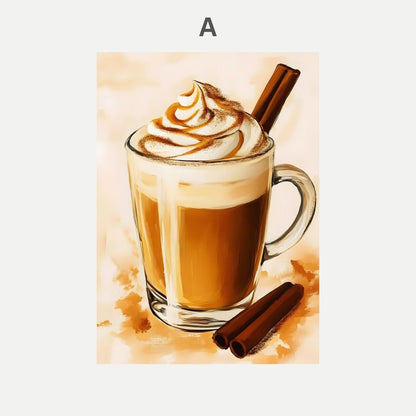Glass of hot beverage with whipped cream and cinnamon sticks on a warm-toned background