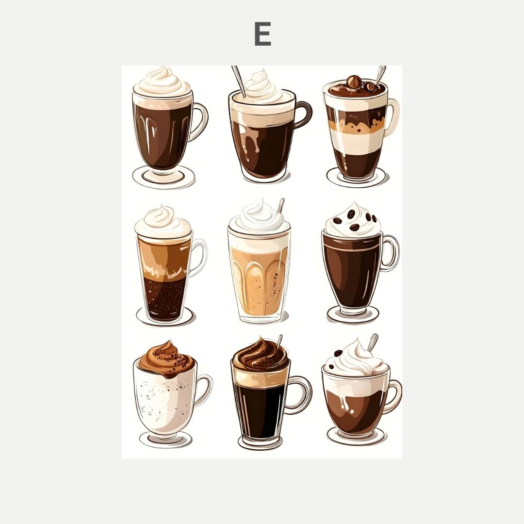 Illustrations of various coffee drinks with different toppings on a white background.