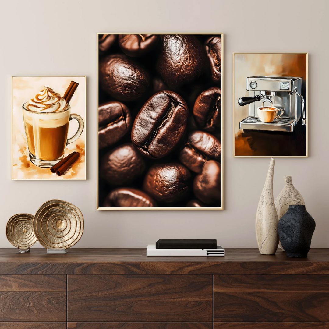 Coffee Gallery Wall Art Retro Cappuccino Coffee Beans Espresso Machine Canvas Prints for Kitchen Coffee Bar Decor