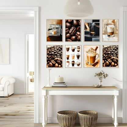 Coffee Gallery Wall Art Retro Cappuccino Coffee Beans Espresso Machine Canvas Prints for Kitchen Coffee Bar Decor
