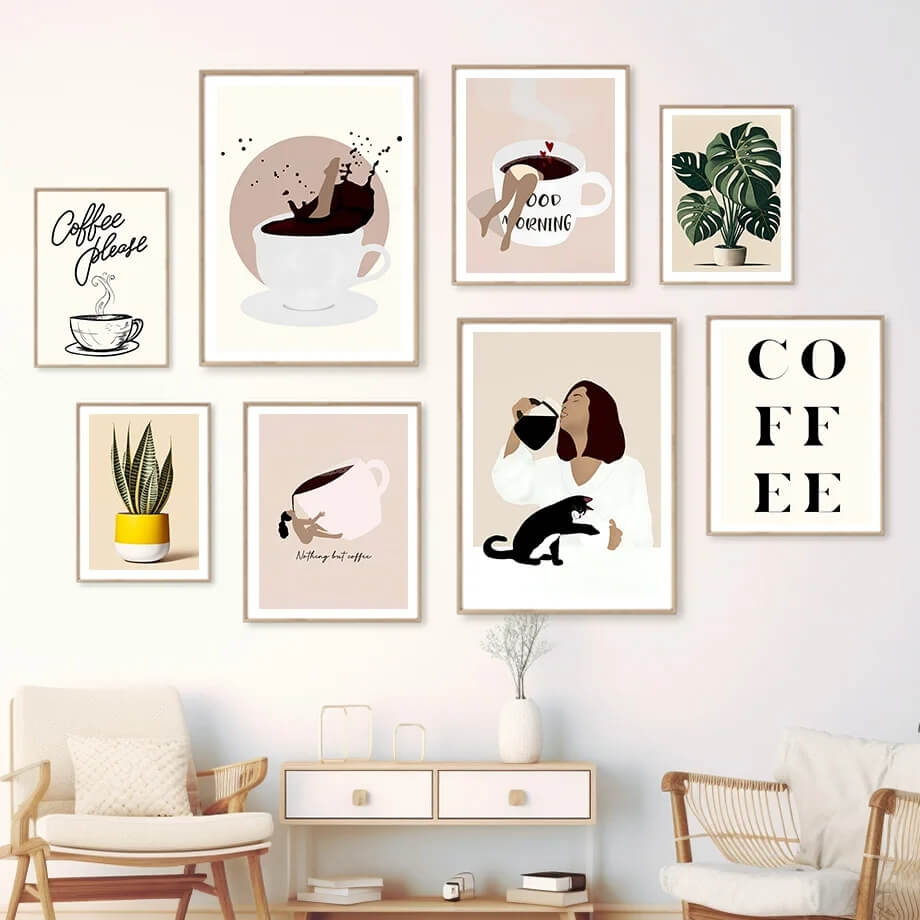 Coffee Cup Black Cat Yoga Monstera Funny Wall Art Canvas Prints Minimalist Abstract Poster Nordic Fine Art For Living Room Kitchen Décor