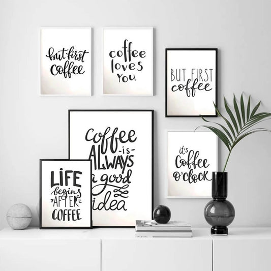 Coffee Quotes Canvas Prints Black and White Minimalist Wall Art Inspirational Coffee Simple Sayings Nordic Fine Art Pictures For Coffee Shop Kitchen Dining Room Décor