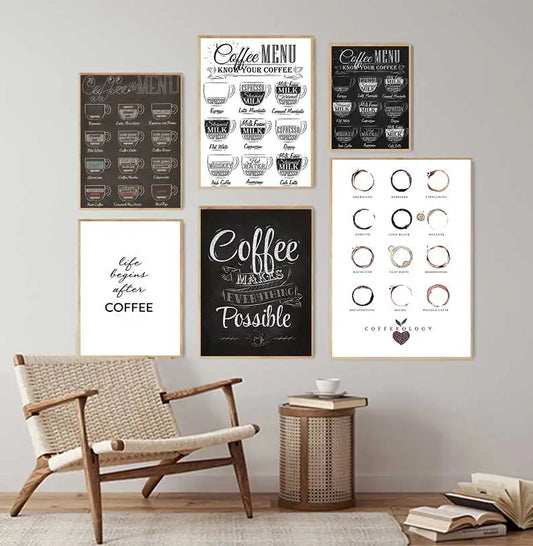 Coffee Connoisseur Wall Art Canvas Prints Black White Coffee Menu Poster For Kitchen Diner Coffee Shop Cafe Art Decor