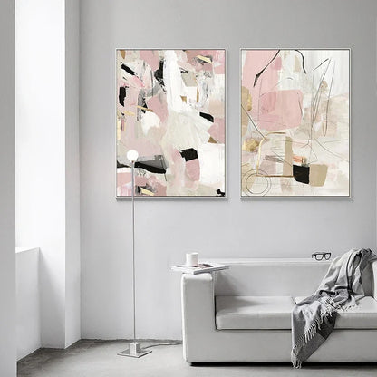 Contemporary Pastel Abstract Canvas Print Wall Art Geometric Pink White Black Beige Art For Modern Minimalist Interiors