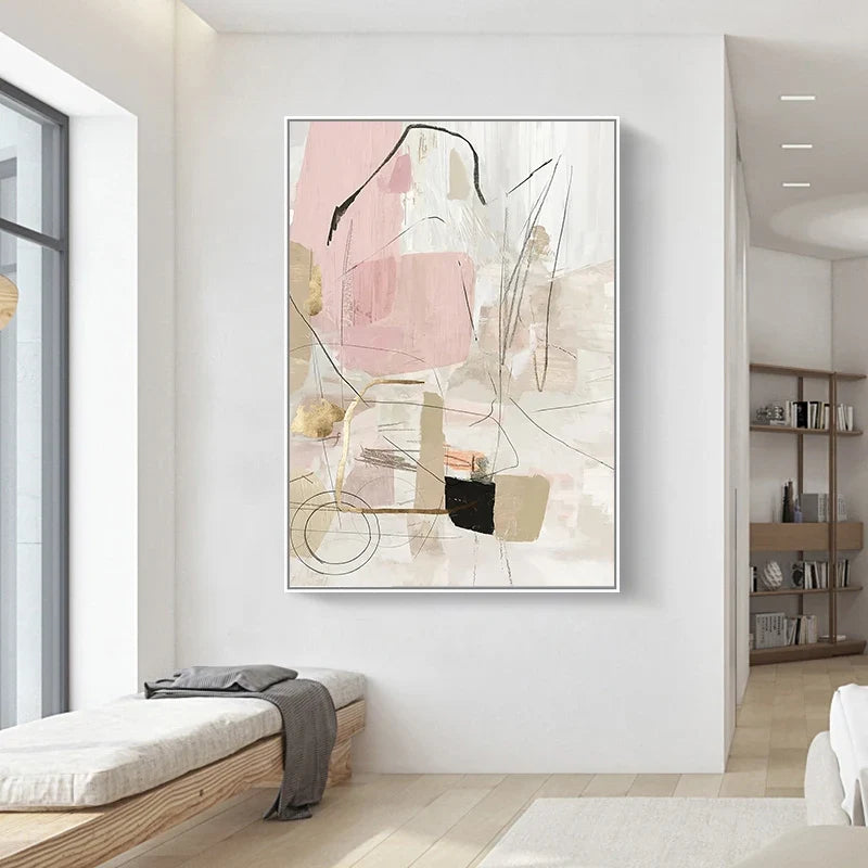 Contemporary Pastel Abstract Canvas Print Wall Art Geometric Pink White Black Beige Art For Modern Minimalist Interiors
