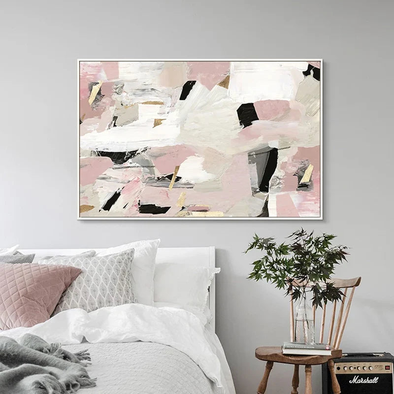 Contemporary Pastel Abstract Canvas Print Wall Art Geometric Pink White Black Beige Art For Modern Minimalist Interiors