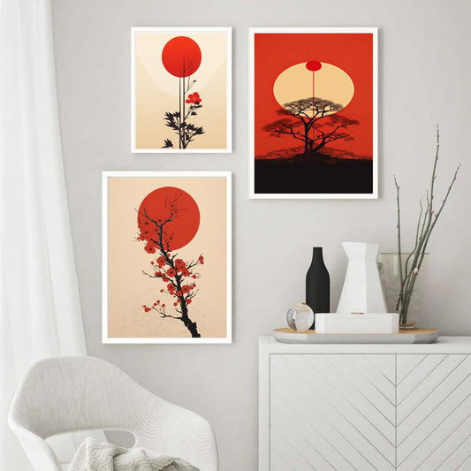 Sun and Sakura Wall Art Japandi Minimalist Home Decor Canvas Prints For Zen Living Room