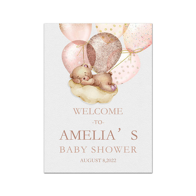 Custom Name Baby Shower Canvas Print | Pastel Poster for Girl Nursery Balloon Bear Wall Art Picture For Baby Room Home Décor